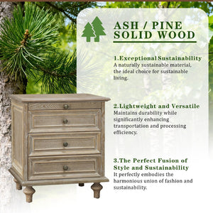 English Elm Farmhouse Nightstand Pine Wood Four Drawer Storage with Pull Out Tray Gourd Legs Natural+White W1716P399643