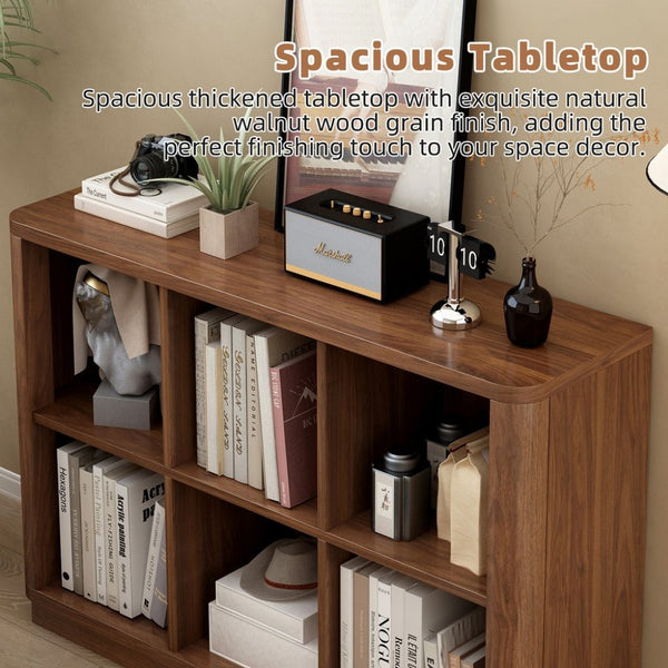 English Elm 6 Cube Farmhouse Bookcase Low Horizontal Wood Shelf Walnut Finish for Living Room W2641P460042