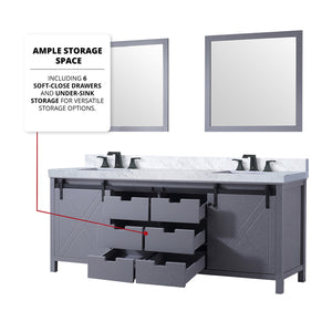 English Elm Dark Grey Double Bath Vanity 84" W x 22" D with Carrara Marble Top, Matte Black Faucets & 34" Mirrors B2731S01080