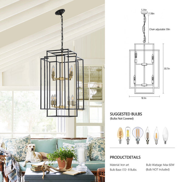 English Elm 18" Modern 8-Light Geometric Pendant Chandelier, Industrial Metal Frame, Adjustable 60" Drop, Stylish Lighting Black+Gold W2312P374788