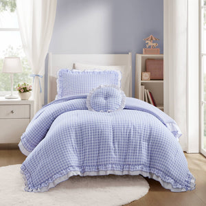 English Elm 3-piece Cottage Gingham Comforter Set with Ruffle Trim and Round Throw Pillow Blue B035P463185