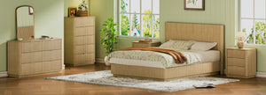 English Elm Queen Bed Frame with Led Lighting Curved Groove Panels and Floating Base Modern Bedroom Oak W1820S00050