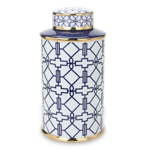 English Elm Elegant White Ceramic Ginger Jar With Blue Geometric Design - Stylish Storage & Accent Piece B030P308552