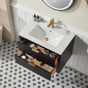 English Elm 30" Tiered Black Wall-Mounted Floating Vanity with Ceramic Sink, Center Storage Nook for Towels & Toiletries W1826P343434