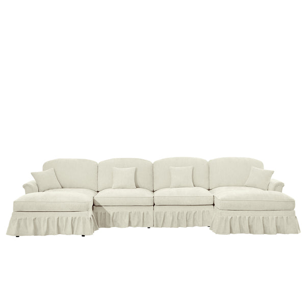 English Elm Classic Modular Sectional Couch With Removable Ruffled Skirt, Ottoman, Flared Arms & Chenille Comfort W3041S00239