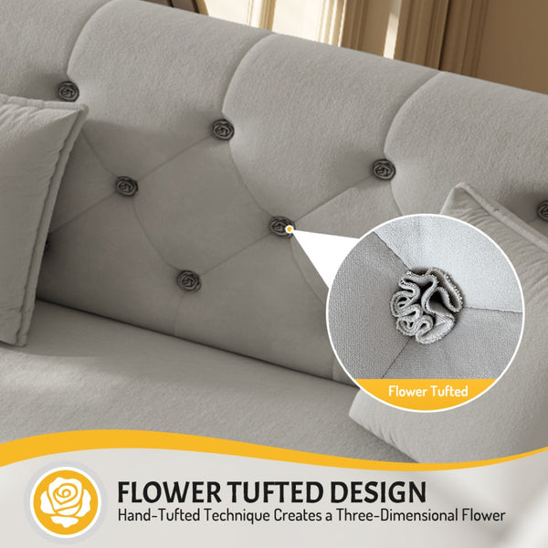 English Elm 100" Oversized Velvet Sleeper Sofa with Floral Tufted Cushions for Living Room Light Grey W1885S00302