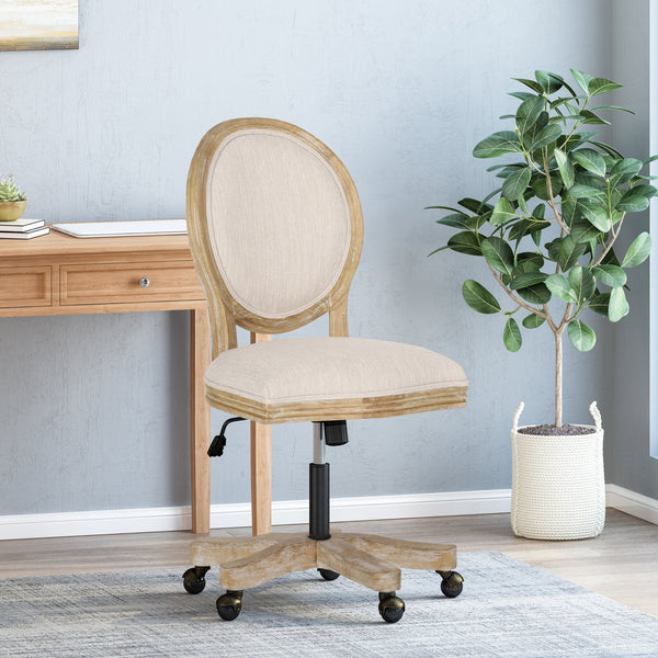 English Elm Christopher Knight Home® - SWIVEL&LIFT French Country Office Chair in Beige Fabric with Distressed Rubberwood Base, Casters 71884.00FBGENTL