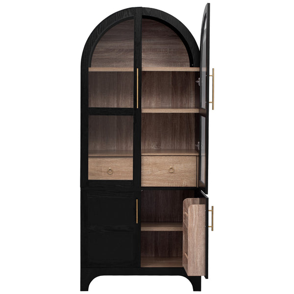 English Elm K&K Arched 71" Kitchen Pantry Cabinet with Glass Doors, Brass Handles, Adjustable Shelves & Drawer Black N707P288969B