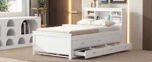 English Elm Twin Platform Bed with Storage Headboard, Pull-Out Trundle & 3 Drawers, USB Ports, Solid Wood Durability White GX000715AAK