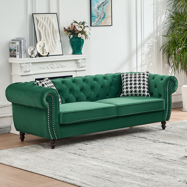 English Elm 87"Chesterfield Velvet Upholstery Sofa with Roll Armrests & Nailhead Trim, 3-Seater Luxurious Midcentury Design Green W3373S00047