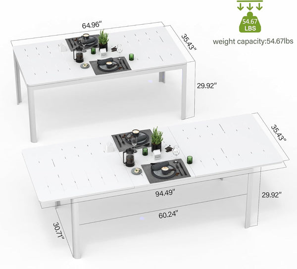 English Elm Patio Expandable Aluminum Dining Table for 6-8 — Ivory White Rectangular Outdoor Indoor Space-Saver W1859P253350
