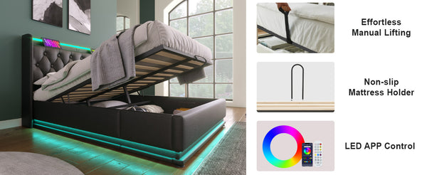 English Elm Queen Upholstered Bed with Surround LED, App/Remote Control, Hydraulic Storage, USB Type-C Charging Black N736P188807B