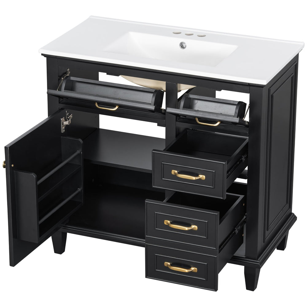 English Elm 36 Inch Bathroom Vanity With Ceramic Sink Top, Solid Wood Frame & Smart Storage Solutions For Style N725P336554B