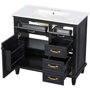 English Elm 36 Inch Bathroom Vanity With Ceramic Sink Top, Solid Wood Frame & Smart Storage Solutions For Style N725P336554B