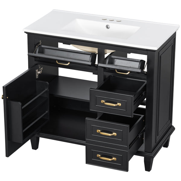 English Elm 36 Inch Bathroom Vanity With Ceramic Sink Top, Solid Wood Frame & Smart Storage Solutions For Style N725P336554B