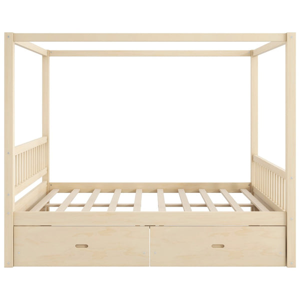 English Elm Wooden Canopy Queen Bed Solid Frame with Built-in Storage Drawers Slatted Base Natural N7090005036N