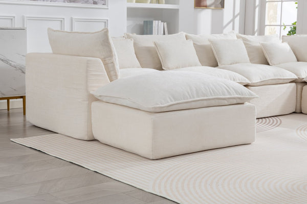 English Elm 129.8" Wide Modular Cloud Sectional Cotton Linen Sofa with Deep Foam Seats and Ottomans Antique White W2530S00016
