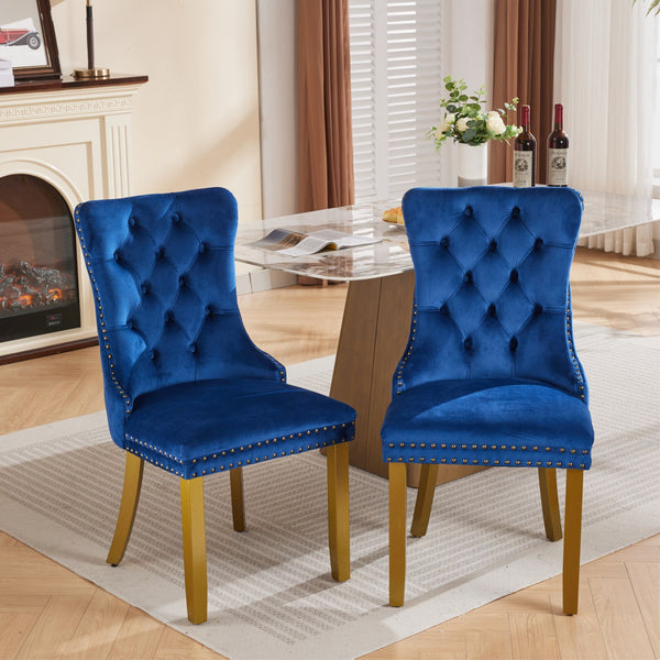 English Elm Mid-Century Tufted Velvet Dining Chair with Lion Head Ring, Nailhead Trim, Solid Wood Legs Blue W1143P193169