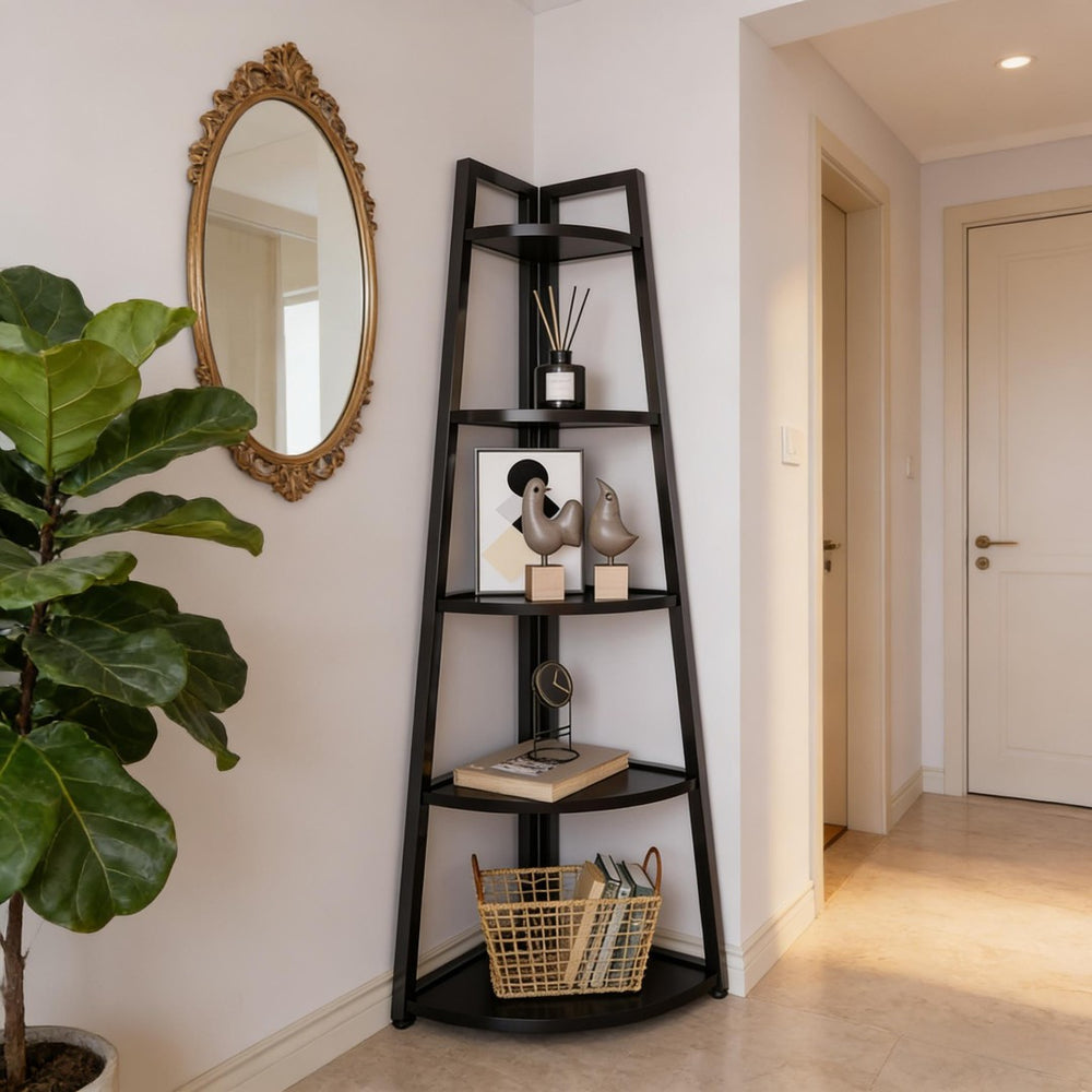 English Elm Tall 5 Tier Corner Ladder Bookshelf with Metal Frame for Living Room Storage T3971P453200