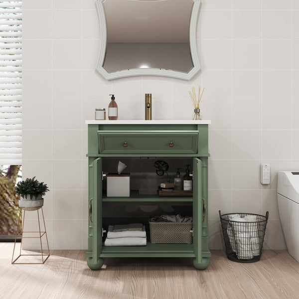 English Elm 27.8" Mid-century Freestanding Bathroom Vanity with Ceramic Sink Drawer and Wood Base Green W1801S00007