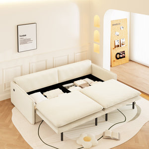 English Elm 4-Seat Convertible Sleeper Sofa Bed Chenille Upholstery Deep Seat Storage USB Port Modern Pull-Out Beige+White W1885S00214
