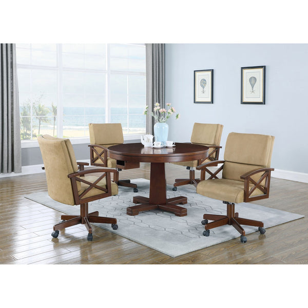 English Elm Calloway Tobacco 5-Piece Game Set with Upholstered Tan Casters, Rich Wood Grain Table for Entertaining B062S00897