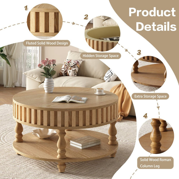 English Elm Farmhouse Fluted Square Coffee Table with Flip Top Hidden Compartment and Open Shelf Natural Wood W1445P370481