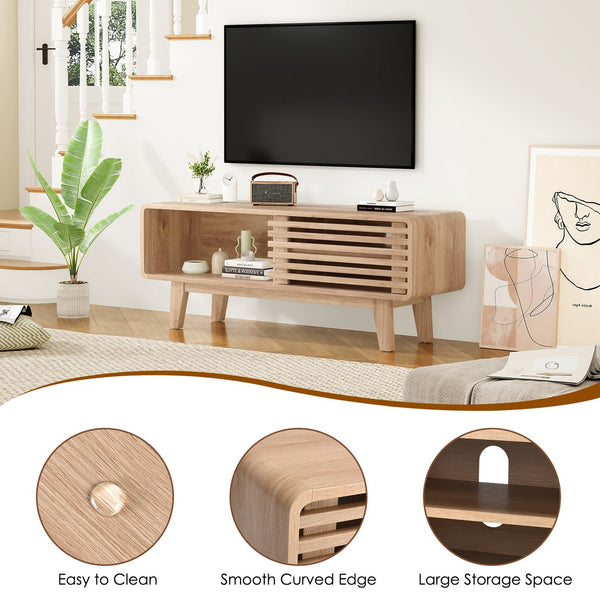 English Elm TV Stand Sleek Mid-Century Console with Sliding Door Storage and Open Shelves for Organized Living Room Natural T3623P379956