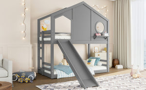 English Elm Full Bunk Bed with Trundle Bookshelf Storage Pine Frame Car Design for Kids Gray W1580S00465