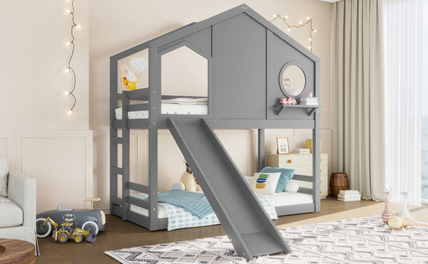English Elm Full Bunk Bed with Trundle Bookshelf Storage Pine Frame Car Design for Kids Gray W1580S00465