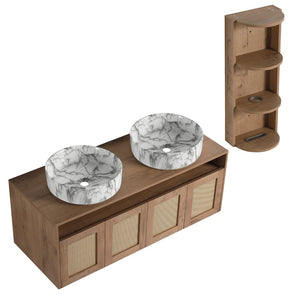 English Elm 48" Floating Bathroom Vanity Oak Finish Dual Ceramic Sinks Soft Close Plywood Cabinet W999S00506