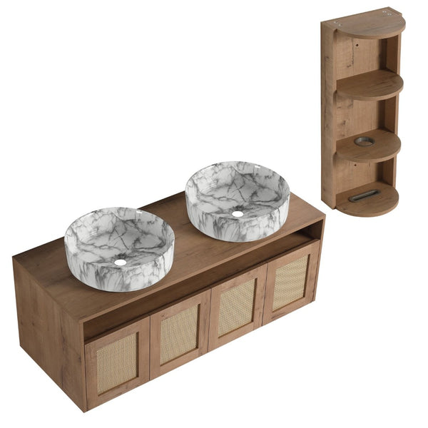 English Elm 48" Floating Bathroom Vanity Oak Finish Dual Ceramic Sinks Soft Close Plywood Cabinet W999S00506