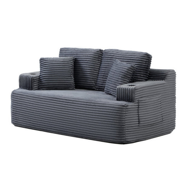English Elm Boneless Floor Sofa Corduroy Upholstered 5 Seat Low Profile with Cup Holders for Living Room Grey W1117S00436