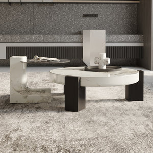 English Elm Bianco Marble-Pattern Coffee Table with Side Table Set — Modern White Top, Black Wood Legs, Durable Elegance B341S00040