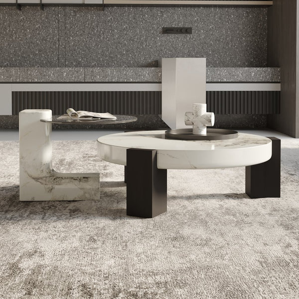 English Elm Bianco Marble-Pattern Coffee Table with Side Table Set — Modern White Top, Black Wood Legs, Durable Elegance B341S00040