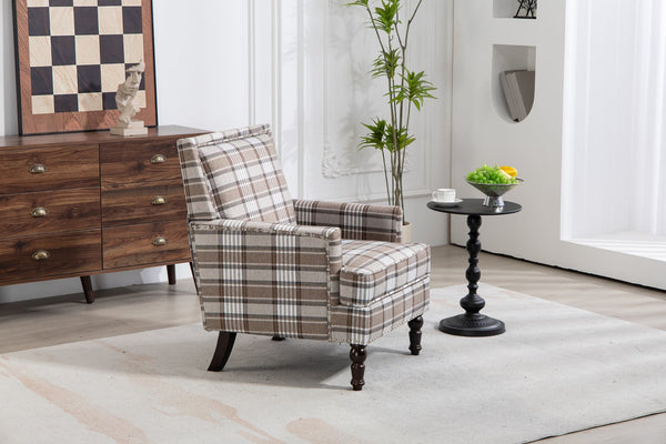 English Elm Upholstered Vintage Armchair with Striped Linen Look, Nailhead Trim, High-Density Foam Comfort Coffee W2530P174776