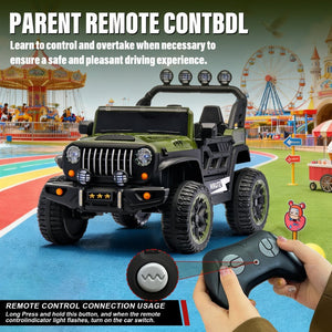 English Elm 24v Two Seat Kids Ride on Car with 4wd Motor Remote Control and Led Lights Green W509P378205