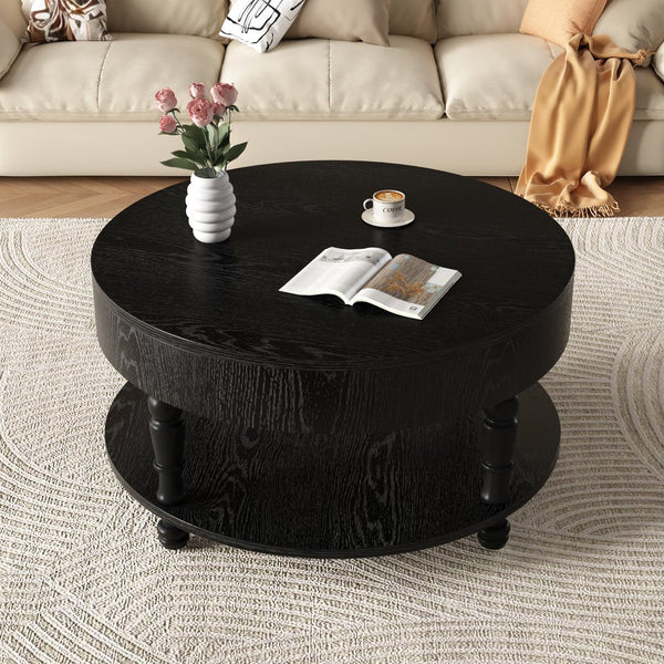 English Elm Coffee Round Flip-Top Coffee Table with Hidden Storage and Open Shelf, Modern Living Room Chest Black W1445P341372