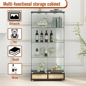 English Elm Modern Glass Display Cabinet With Led Lights, 4 Shelves & Drawers - Stylish Furniture For Collectors W241S00057