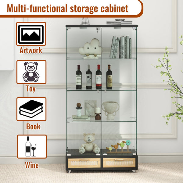 English Elm Modern Glass Display Cabinet With Led Lights, 4 Shelves & Drawers - Stylish Furniture For Collectors W241S00057