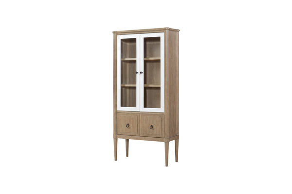 English Elm Display Sand-Colored Bookcase with Glass Doors, Mindi Veneer, 2 Shelves & Drawer — Transitional Style B2699P226095