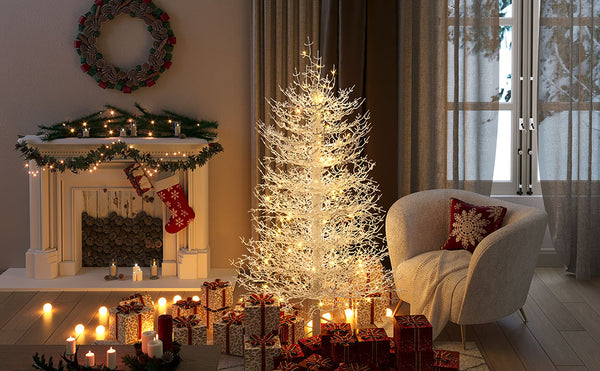 English Elm 4FT Aspen Fir Pre-Lit Artificial Christmas Tree with 280 Snow-Flocked Tips & 230 Warm White LEDs, Lightweight Hinged Frame for Home & Party Decor N704P326835A