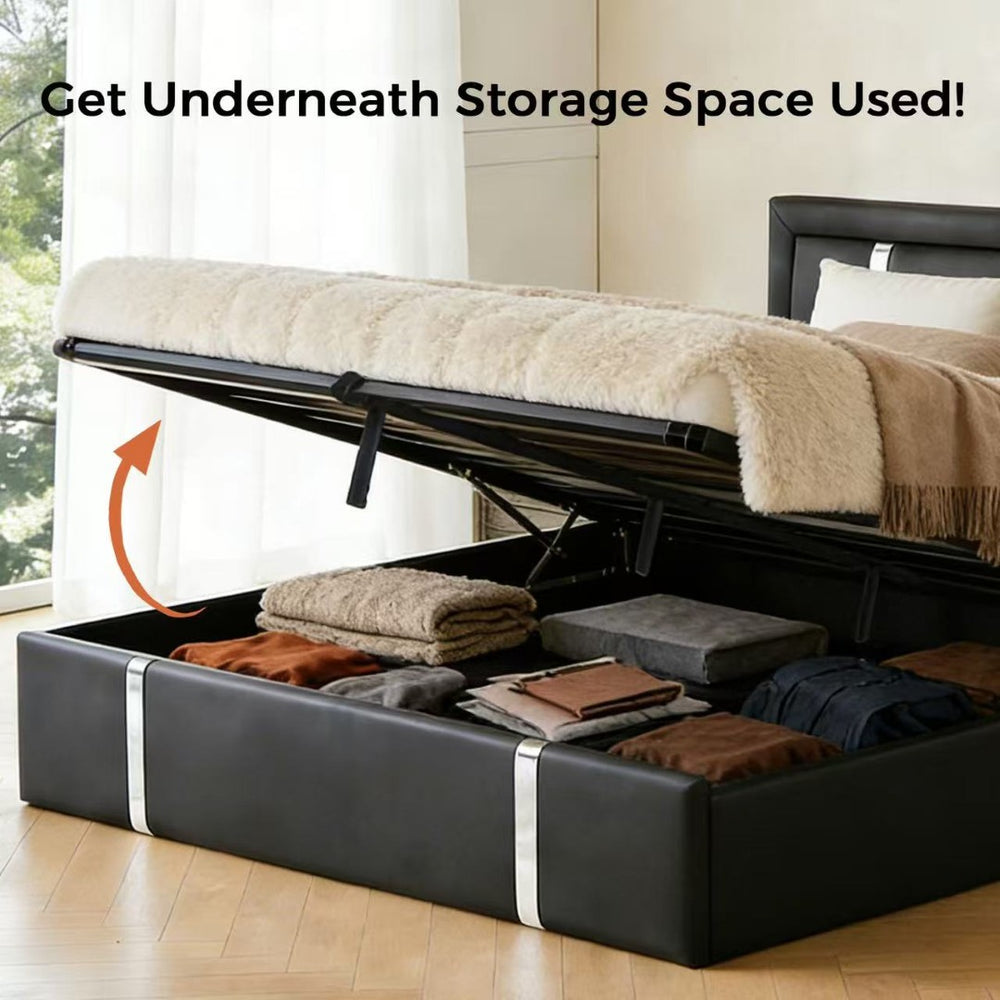 English Elm Queen Platform Bed Wingback Diamond Quilted Headboard Led Lighting Storage Drawers Black W5722P462695