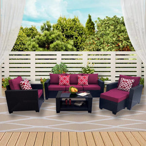 English Elm Outdoor Garden Patio Furniture Set - 7-Piece Cushioned Rattan Sofa & Coffee Table For Relaxation W213S00047-GIGA
