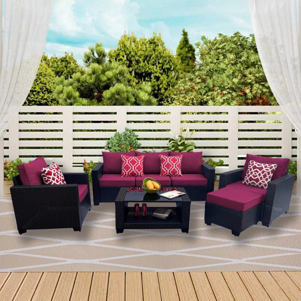 English Elm Outdoor Garden Patio Furniture Set - 7-Piece Cushioned Rattan Sofa & Coffee Table For Relaxation W213S00047-GIGA