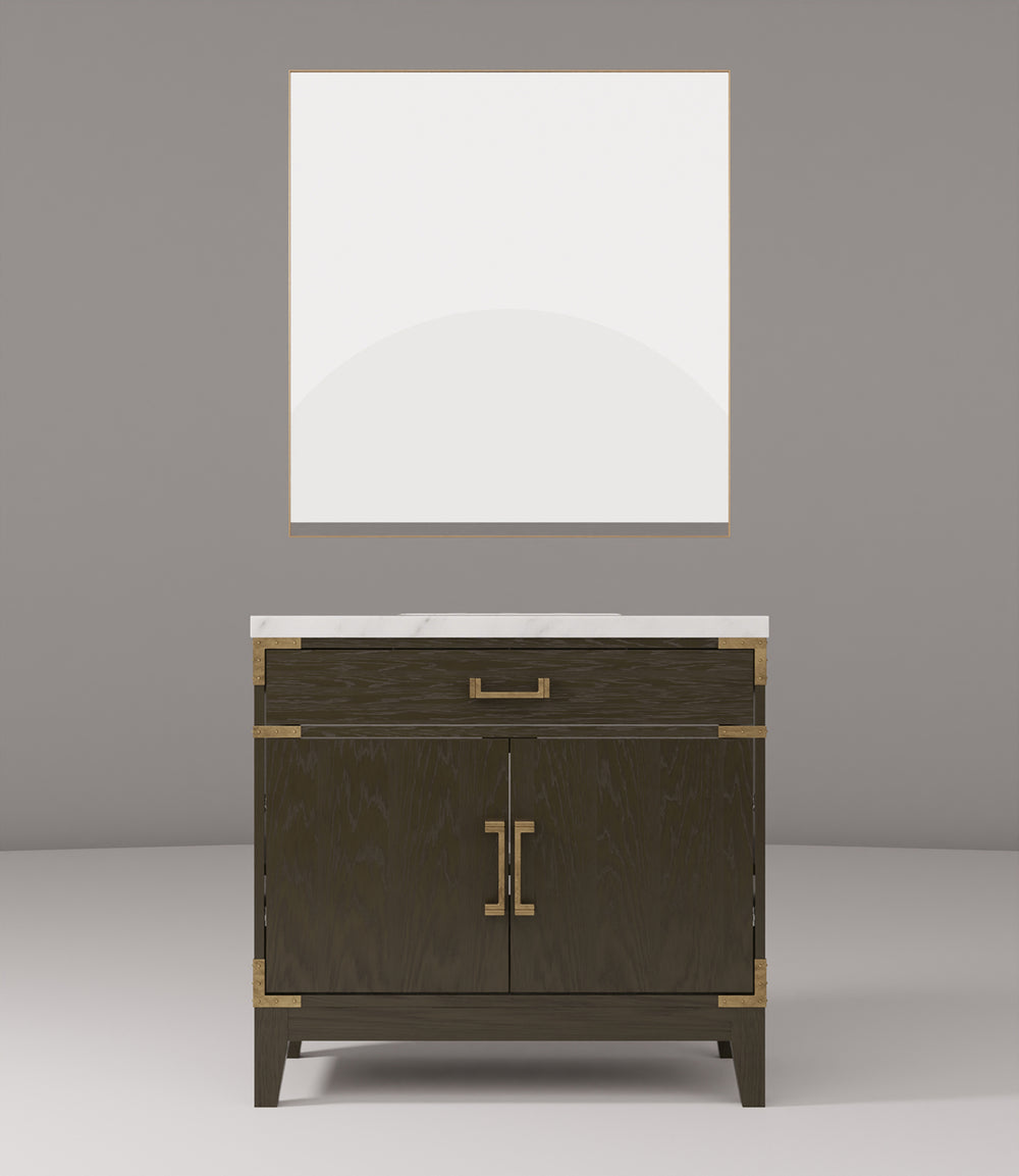 English Elm Brown Oak Single Bath Vanity With Carrara Marble Countertop & Matching 34" Mirror For Elegant Style B2731S01459