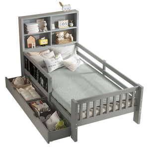 English Elm Twin Chalkboard Platform Bed with Drawers & Shelves, Solid Wood Kids Bed with Storage and Creative Headboard Grey W1580P362706