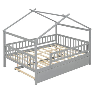 English Elm Full Size Pine House Bed with Roofline Frame and Roll Out Twin Trundle for Kids Gray LP100306AAE