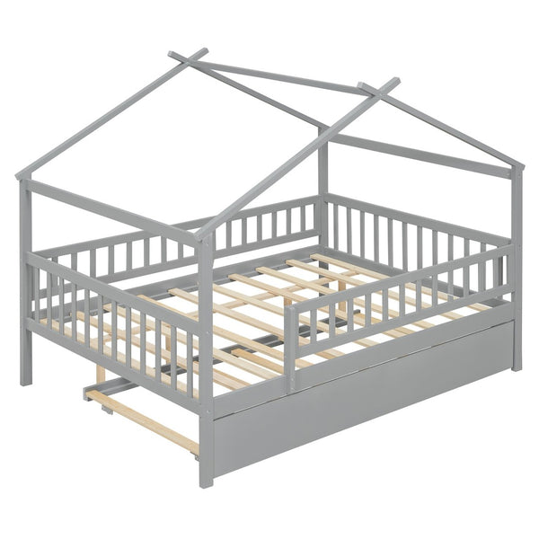 English Elm Full Size Pine House Bed with Roofline Frame and Roll Out Twin Trundle for Kids Gray LP100306AAE
