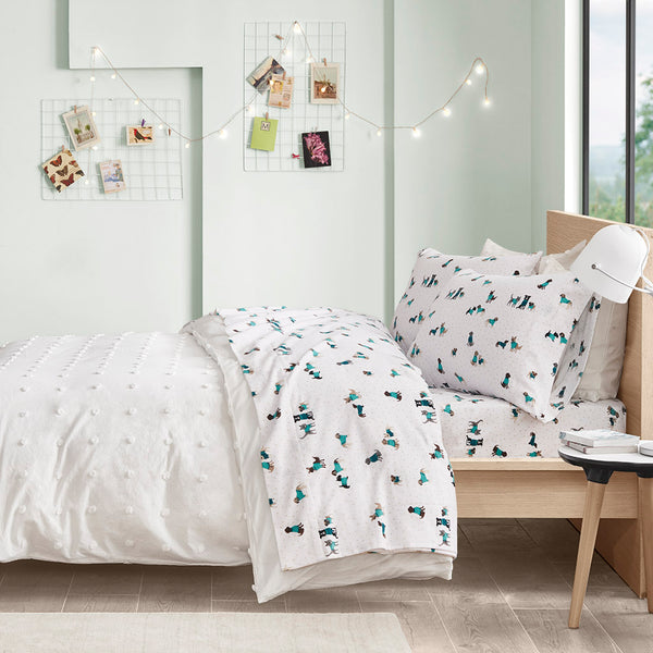 JLA Home Intelligent Design - 100% Cotton Flannel Sheet Set – Ultra-Soft 135gsm Pigment Print for Warmth, Breathable Comfort & Lasting Color Teal Dogs ID20-1753